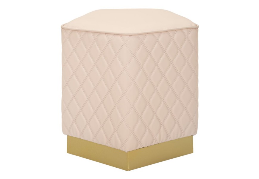 Art deco čalouněn&aacute; pěti&uacute;heln&iacute;kov&aacute; růžov&aacute; kožen&aacute; taburetka Glamia Tapis&eacute; s kosočtvercov&yacute;m vzorem a zlat&yacute;m detailem 38 cm