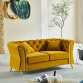 Designová glamour sedačka Velaria se žlutým sametovým potahem a ozdobným prošíváním se zlatými kovovými detaily 162 cm