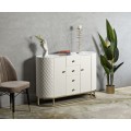 Designový art deco příborník Glamia Tapisé s koženým potahem v krémové bílé barvě se dvěma dvířky a čtyřmi zásuvkami 120 cm