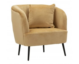 Modern&iacute; designov&eacute; křeslo Cally s pol&scaron;t&aacute;řem a sametov&yacute;m potahem v okrov&eacute; žlut&eacute; barvě s čern&yacute;mi nožičkami 78 cm