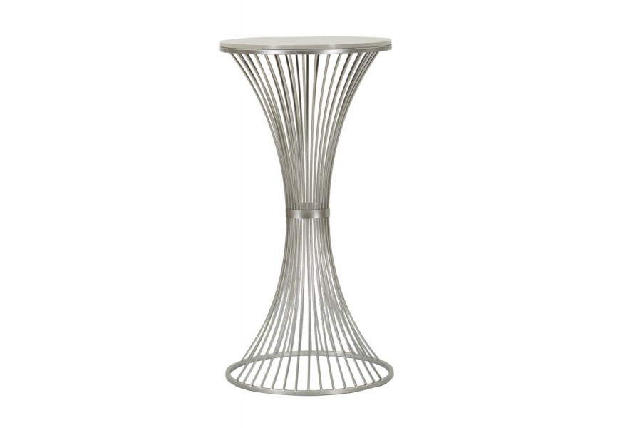 Art deco příruční stolek Nelia ve stříbrné barvě z kovových tyčí ve tvaru přesýpacích hodin s vrchní deskou z mramoru v kulatém tvaru v bílo šedé barvě s šedými žilkami