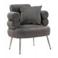 Designové glamour šedé sametové křeslo Taglia s pěnovým čalouněním a opěrkou ze tří válcovitých prvků s jedním čtvercovým polštářem s pěnovým čalouněním a nožičkami z kovu v lesklém chromovém provedení
