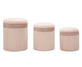 Moderní set tří kulatých sametových růžových taburetek Mendy s žebrovaným potahem s úložným prostorem 49 cm
