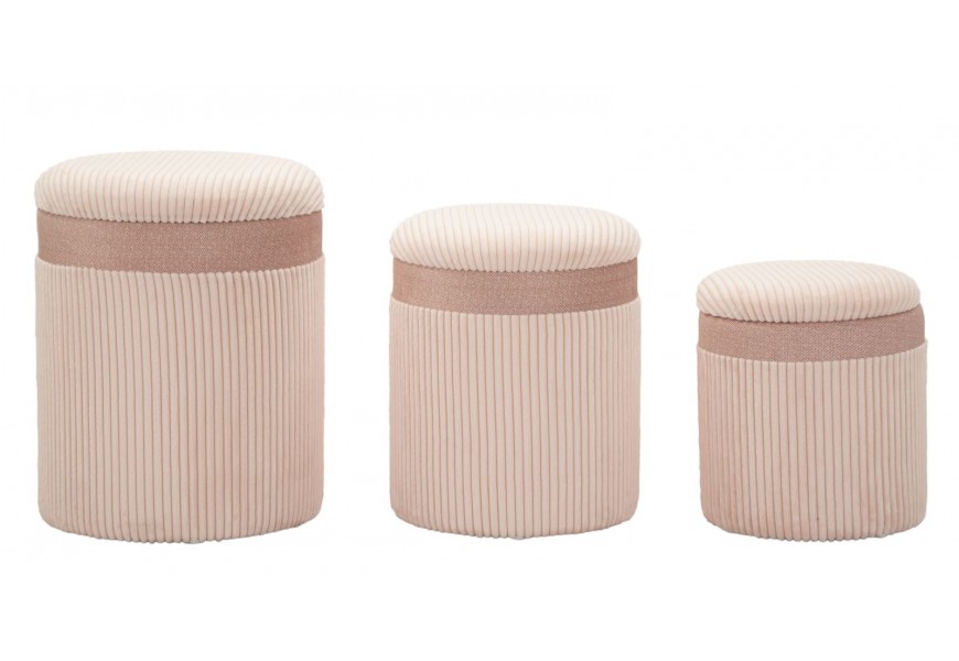 Moderní set tří kulatých sametových růžových taburetek Mendy s žebrovaným potahem s úložným prostorem 49 cm