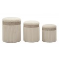 Moderní set kulatých čalouněných sametových béžových taburetek Mendy s hnědým dekoračním pásem s úložným prostorem 49 cm