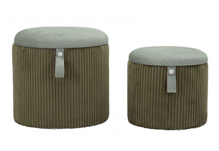 Moderní set kulatých čalouněných úložných taburetek Lidia se zeleným kaki žebrovaným sametovým potahem 38 cm