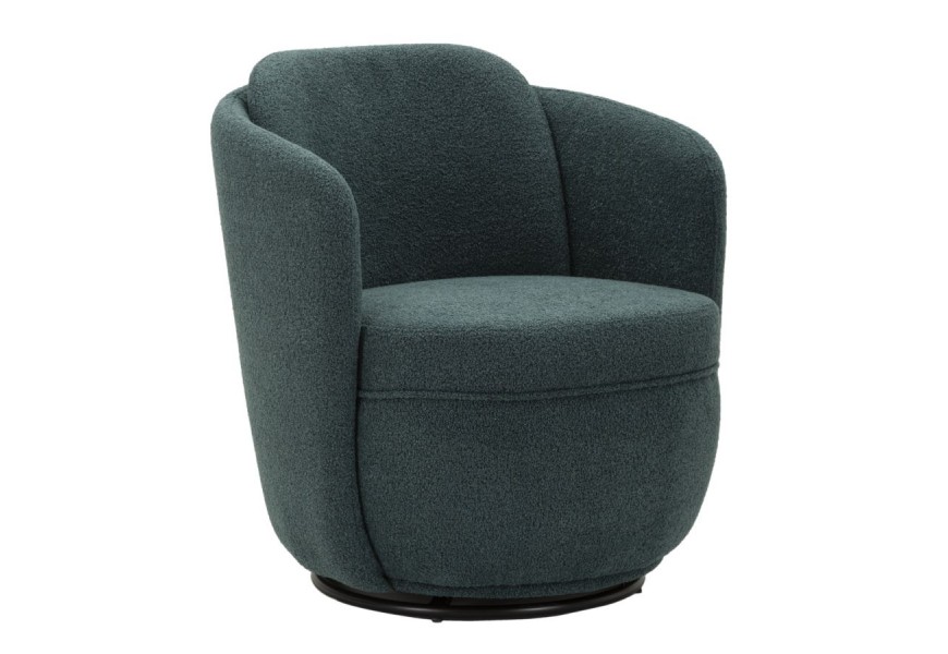 Designové klubové otočné křeslo Meron v petrolejové modré barvě s bouclé potahem s podstavou z kovu v černé barvě