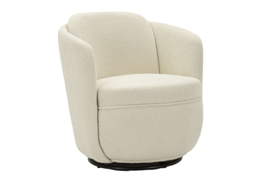 Designové klubové bouclé křeslo Meron se zaoblenými opěrkami v krémové barvě s otočnou funkcí s černou kovovou podstavou