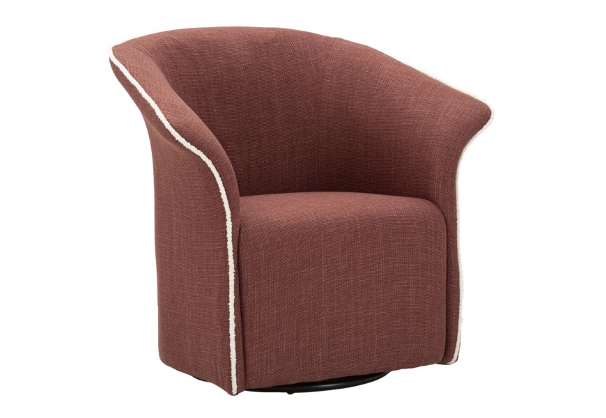 Designové klubové křeslo Merlon s otočnou funkcí v terakotově hnědé barvě s prošívaným lemem v bílé barvě s černou kovovou podstavou