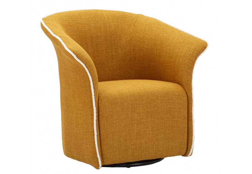 Designové klubové křeslo Merlon s otočnou funkcí s černou kovovou podstavou a potahem z textilu v oranžové barvě s prošívaným lemem v bílé barvě