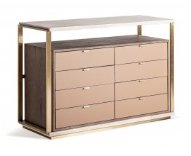 Luxusní art deco obdélníková travertinová komoda Monia se zlatým kovovým rámem a osmi zásuvkami z masivního dřeva 134 cm