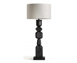 Luxusní moderní stolní lampa Ninewe s designovou nohou z masivního mangového dřeva s černým lakováním a kulatým stínítkem z jutového vlákna s hrubou strukturou ve světlé krémově béžové barvě