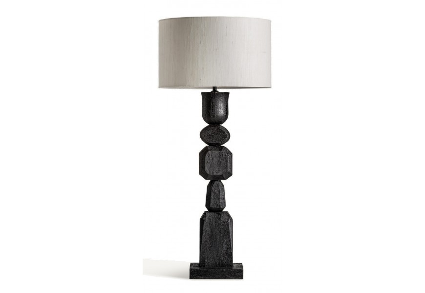 Luxusní moderní stolní lampa Ninewe s designovou nohou z masivního mangového dřeva s černým lakováním a kulatým stínítkem z jutového vlákna s hrubou strukturou ve světlé krémově béžové barvě