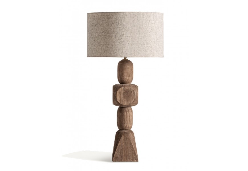 Luxusní etno stolní lampa Ninewe s designovou podstavou z masivního mangového dřeva v hnědé barvě a kulatým krémovým stínítkem s výrazným tkaním z jutového vlákna