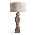 Luxusní etno stolní lampa Ninewe s designovou podstavou z masivního mangového dřeva v hnědé barvě a kulatým krémovým stínítkem s výrazným tkaním z jutového vlákna