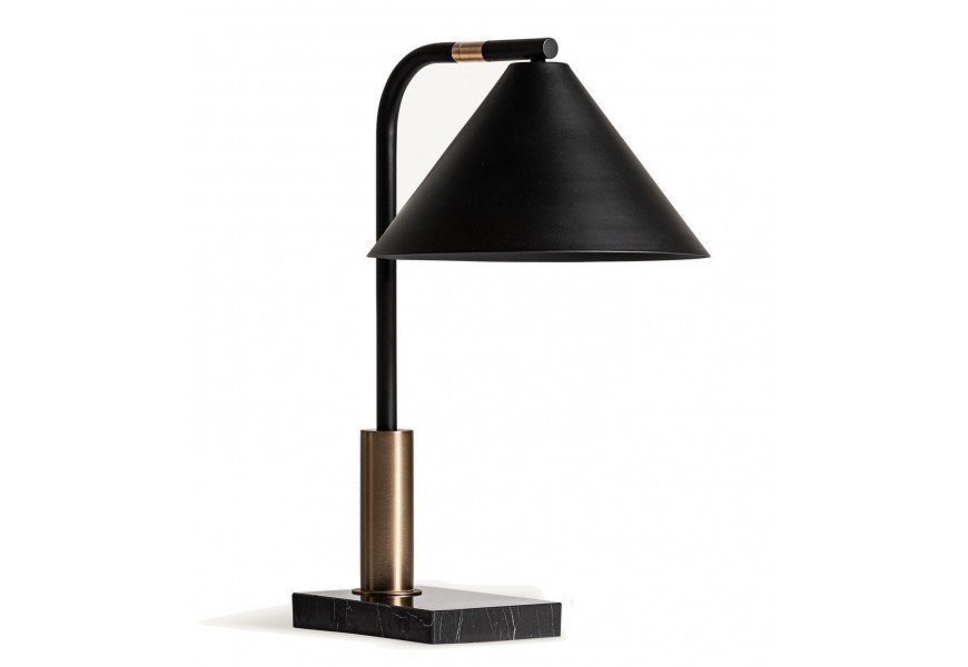 Glamour noční lampa Zar s obdélníkovou podstavou z mramoru v černé barvě s bílými žilkami se stínítkem z kovu v černé barvě se zlatými detaily a nastavitelným kloubem