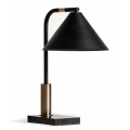 Glamour noční lampa Zar s obdélníkovou podstavou z mramoru v černé barvě s bílými žilkami se stínítkem z kovu v černé barvě se zlatými detaily a nastavitelným kloubem
