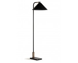 Glamour stojací lampa Zar s nohou z kovu v černé barvě se zlatými detaily s nastavitelným kloubem a stínítkem v kuželovém tvaru s podstavou z mramoru v černé barvě v obdélníkovém tvaru s bílými žilkami