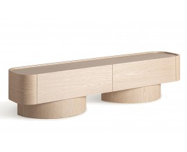 Luxusní art deco TV stolek Reyesse v béžové barvě dřeva obdélníkového tvaru se dvěma šuplíky s úložným prostorem 220 cm