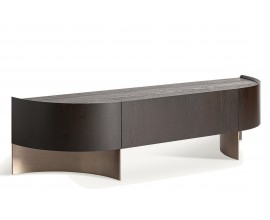 Luxusní tmavě hnědý art deco TV stolek Davaro zaobleného tvaru se zásuvkou s designovými kovovými nožičkami 200 cm