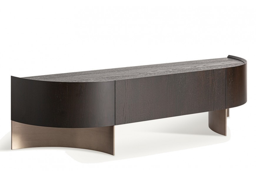 Luxusní tmavě hnědý art deco TV stolek Davaro zaobleného tvaru s úložným prostorem se zásuvkou s push-to-open mechanismem s designovými kovovými půlkruhovými nožičkami v mosazné barvě