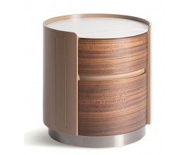 Luxusní moderní kulatý noční stolek Grisham s bílou mramorovou vrchní deskou a dvěma šuplíky v hnědé barvě 49 cm