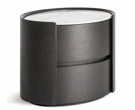 Luxusní moderní oválný noční stolek Sophiette v černé barvě se dvěma šuplíky a bílou mramorovou deskou 48 cm