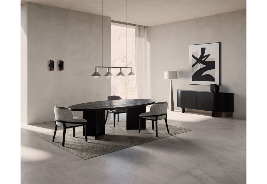 Luxusní moderní sestava nábytku do jídelny Davaro s nádechem art deco stylu s dvoudveřovým příborníkem a oválným stolem z pravé ořechové dýhy v tmavě hnědé barvě a se židlemi s potahem z buklé a sametu ve světlé šedé a hnědé barvě