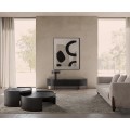 Luxusní moderní sestava obývacího nábytku Davaro s nádechem art deco stylu s kulatými konferenčními stolky a TV stolkem v černé barvě s kovovými nožičkami a béžovou čalouněnou sedačkou s dřevěnýma nohama
