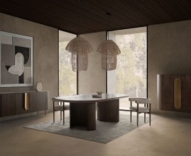 Luxusní art deco jídelní sestava Nisi v naturální tmavě hnědé barvě dřeva se zlatým kovovým akcentem