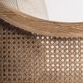 Luxusní retro čalouněné béžové křeslo Milonisa s dřevěnou hnědou konstrukcí a ratanovým vídeňským výpetem 86 cm