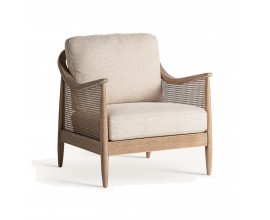 Luxusní retro čalouněné béžové křeslo Milonisa s dřevěnou hnědou konstrukcí a ratanovým vídeňským výpetem 86 cm