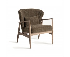Luxusní retro čalouněné kaki zelené křeslo Ulinop s dřevěnými hnědými nožičkami a opěrkami na ruky 83 cm