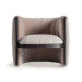 Luxusní retro oblé čalouněné prošívané křeslo Paresol se starorůžovým a bílo šedým potahem s dřevěným hnědým dekorem 76 cm