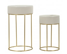Art deco sada kovových kulatých příručních stolků Glamia Tapisé s béžovým sametovým prošíváním a mramorovou deskou 90 cm