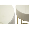 Art deco sada kovových kulatých příručních stolků Glamia Tapisé s béžovým sametovým prošíváním a mramorovou deskou 90 cm