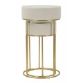 Art deco sada kovových kulatých příručních stolků Glamia Tapisé s béžovým sametovým prošíváním a mramorovou deskou 90 cm
