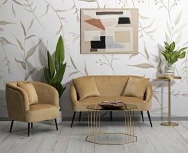 Designová art deco sestava obývacího nábytku Cally v okrové žluté barvě se zlatými a černými akcenty