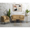 Designová glamour sestava nábytku do obývacího pokoje Cally s dvousedačkou a křeslem s hořčičně žlutým sametovým potahem a zlatým kulatým příručním stolkem a zlatým osmiúhelníkovým konferenčním stolkem s černou vrchní deskou