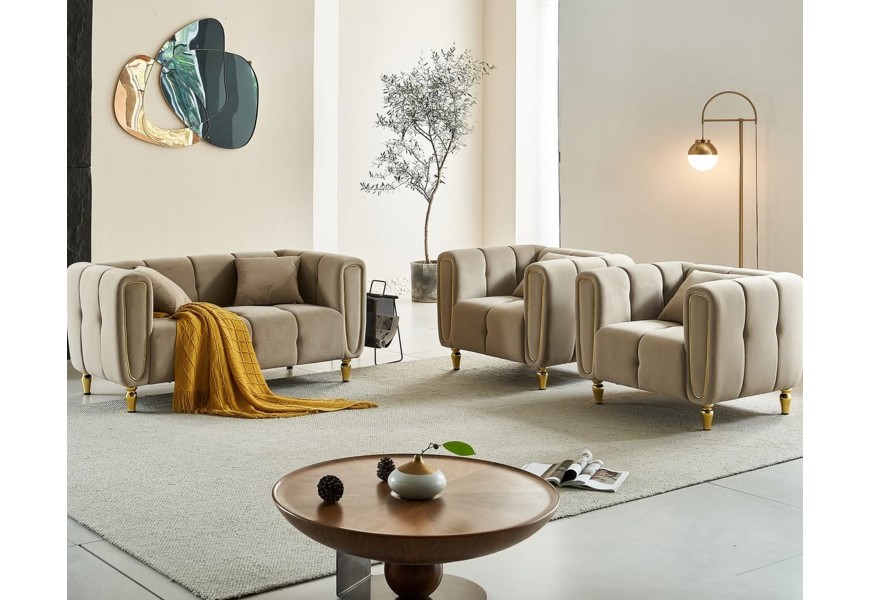 Designová glamour sedací sestava nábytku Celestia do obývacího pokoje se světlým hnědým sametovým potahem a zlatým detailem