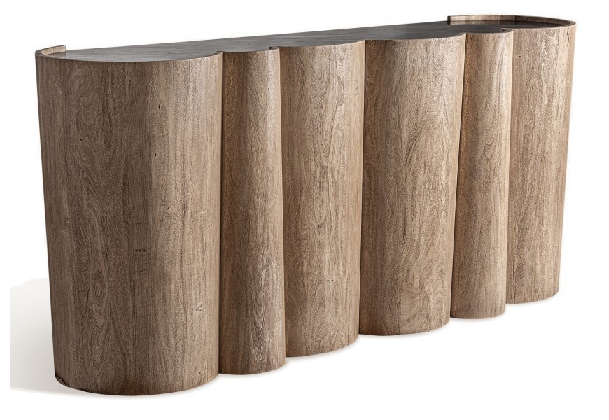 Luxusní art deco barový pult Zoran v atypickém tvaru z masivního akáciového dřeva v hnědé barvě s devíti poličkami s vrchní deskou z mramoru v černé barvě s bílými žilkami