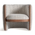 Luxusní art deco čalouněné půlkruhové křeslo Janies s bílým texturovaným potahem s hnědým dřevěným detailem 80 cm
