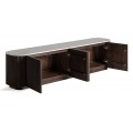 Luxusní art deco hnědý čtyřdveřový mramorový TV stolek Acordeo s lamelami s vrchní bílou deskou