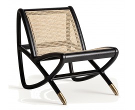 Luxusní art deco masivní černé atypické křeslo Georand s vídeňským výpletem z béžového ratanu se zlatými nožičkami 85 cm
