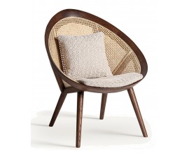 Luxusní art deco geometrické hnědé atypické křeslo Mari s vídeňským ratanovým výpletem a masivním rámem s béžovým potahem 88 cm