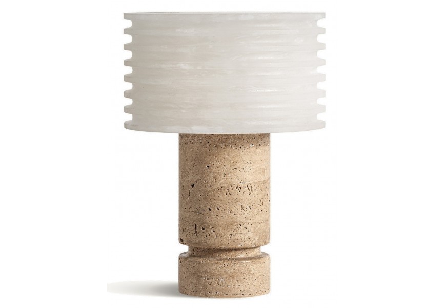 Luxusní art deco kulatá stolní lampa Inika s keramickým bílým stínítkem a válcovou hnědou mramorovou nohou 31 cm