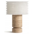 Luxusní art deco kulatá stolní lampa Inika s keramickým bílým stínítkem a válcovou hnědou mramorovou nohou 31 cm