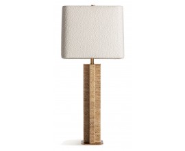 Luxusní art deco bouclé bílá stolní lampa Rake s geometrickou hranatou béžovou travertinovou nohou s bavlněným stínítkem 80 cm