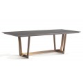 Luxusní glamour jídelní stůl Brilon s vrchní deskou z porcelánu s mramorovým designem v černé barvě s bílými žilkami s geometrickýma nohama v měděné barvě z kovu
