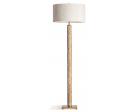 Luxusní art deco travertinová stojací lampa Jerf s bílým válcovým bavlněným stínítkem s bouclé potahem 166 cm